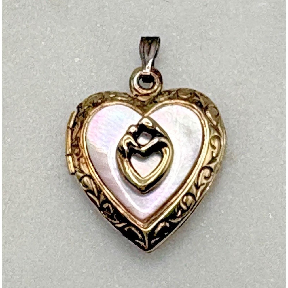 Vintage Gold Filled Sterling Silver Heart Locket Mother of Pearl Mother Child